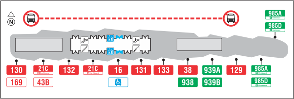Diagram of Scarborough Centre Station bus bays showing all buses boarding on south side of the platform